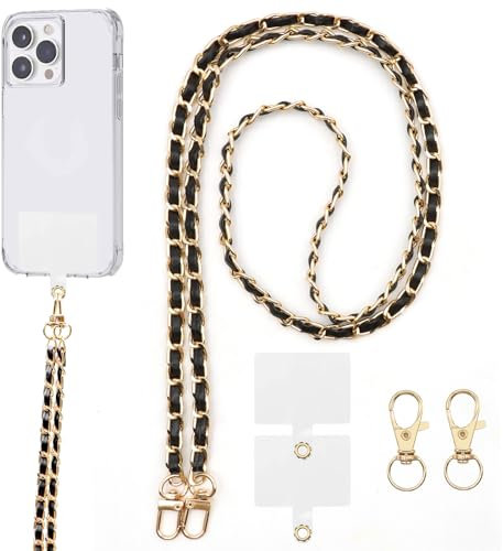 BORISCA Chaine Telephone Portable, Chaine de Telephone avec 2 Patchs de Rechange + 2 Fermoirs de Remplacement Laniere Telephone Cuir Pu Cordon TéLéphone Universel pour Les Smartphones (Noir)