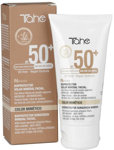 Tahe Bioprotector solar mineral facial con Color Mimético 0% filtros químicos y conservantes, FPS 50+, 50 ml