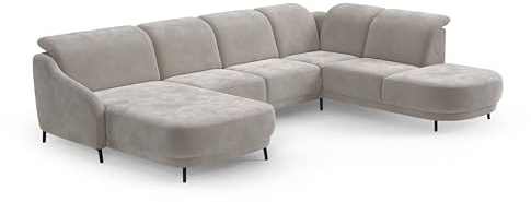 CAVADORE Wohnlandschaft Blue/Sofalandschaft mit Longchair im modernen Design, inklusiv Kopfteilverstellung und mattschwarzen Metallfüßen / 356 x 93 x 249 / Mikrofaser, Hellgrau