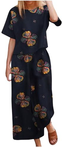 Linen Sets for Women 2 Piece Outfits Ladies Summer Tops Short Sleeve Round-Neck Casual Loose Fit Plain T-Shirt & Loose Wide Leg Pants Casual Tracksuit Leisurewear