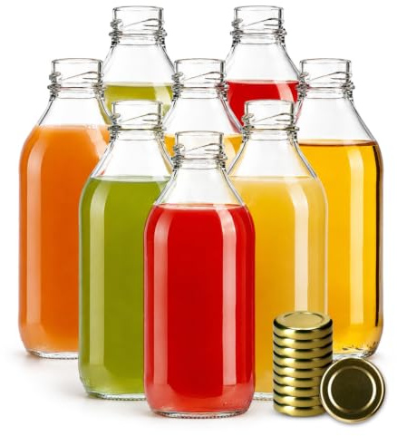 KADAX 8er Set Glasflaschen 330ml mit Schraubverschluss Gold – Leere Flaschen zum Befüllen für Saft, Likör, Öl, Essig & Sirup, Refillable Glass Bottles