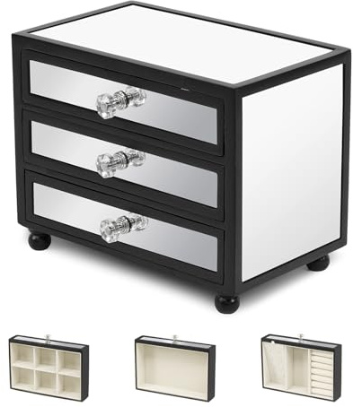 Gifturbo Schmuckkästchen mit 3 Ebenen, spiegelnd, schwarz, mit 3 Schubladen für großen und kleinen Schmuck, Schmuckaufbewahrung, moderner Stil