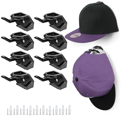 Cap Halterung Wand, 8 Stück Selbstklebende Huthalter Kappenhalter, Platzsparender Cap Organizer für Wandmontage, Basecap Halterung Wand für Hüte Mützen Schlüsselanhänger Kopfhörer Halskette (Schwarz)