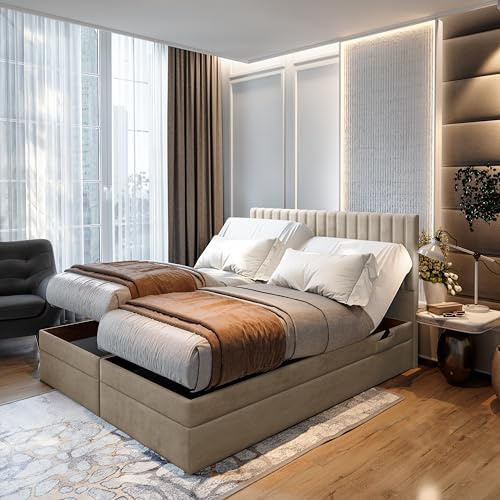 TRADA Boxspringbett ADÈLE 180x200 cm, elektrisch Bett mit Matratze + Tooper | Stoffbezug Veloursstoff, Bettkasten mit Gasautomaten, Beige