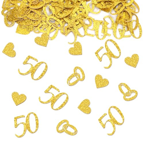 100 Piezas Confeti 50 Aniversario, Bodas de Oro Confeti Brillante con 50 y Corazón, Decoración de Mesa 50 Aniversario, Decoración Boda de Oro