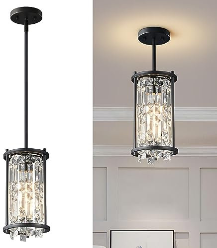 ZPBSJ Kronleuchter Modern Kronleuchter Kristall，Luxuriöse Kristallkronleuchter Schwarz Vintage-Metallkäfig Anhänger für Schlafzimmer, Esszimmer, Wohnzimmer, Bar (Rund 1-Licht)