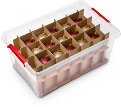 Kreher X-Mas Aufbewahrungsbox 40 Liter für Christbaumkugeln, Adventsschmuck, Weihnachtsdekoration. Mit praktischen Einteilern für ca. 30 Kugeln. Transparent mit rotem Deckel. (1)
