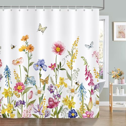 Bonhause Duschvorhang Bunte Blumen Frühling Wildblume Pflanze Schmetterling Duschvorhänge 180 x 180 cm Anti-Schimmel Wasserdicht Polyester Stoff Waschbar Bad Vorhäng für Badzimmer mit 12 Haken