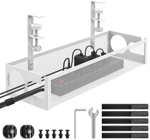 RERLYING Under Desk Cable Management Tray, No Drilling, No Damage to Desk, Metal Mesh, White, 15.7L x 4.9W
