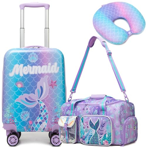 HTgroce 3 teiliges Kinderkoffer, Kindertrolley mit Reisetasche Kinder, Nackenkissen & Gepäckanhänger, Kindergepäck mit Rollen, Handgepäck Reisekoffer Hartschalenkoffer für Mädchen