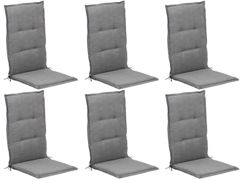 Home4You 6er Set Hochlehner-Stuhlauflagen in Hellgrau – Gartenstuhlauflage 120 x 50 x 6 cm – Strapazierfähiges Polyester-Baumwoll-Gemisch – Mit verstellbarem Gurtband & Bindekordeln