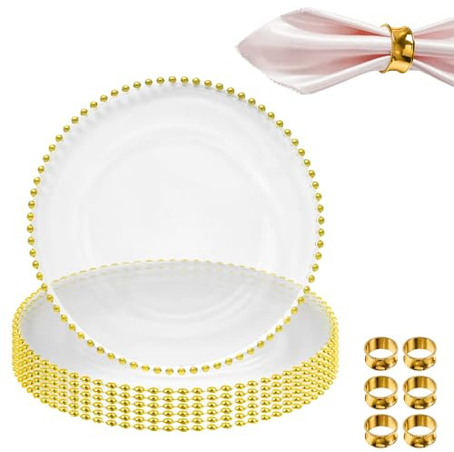 Clear Glass Charger Plate Set with Gold Beaded Rim & Hammered Napkin Rings – Elegant Table Decor for Weddings, Banquets, Party, Birthday & Special Events - 6 Pieces