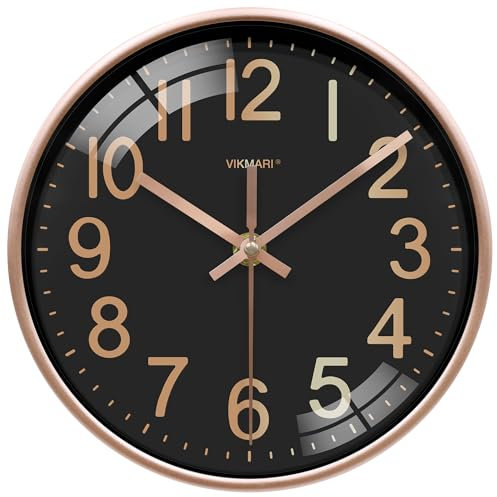 VIKMARI Small 8 Inch Black Gold Wall Clock, Silent Battery Powered Modern Clock for Home School Office Living Room Bedroom Bathroom