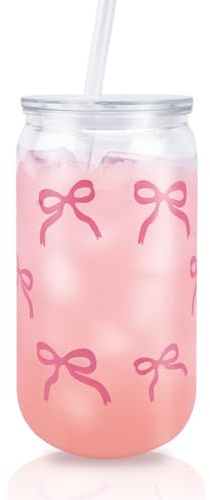 InteDesign 500ml Pink Bow Cups, Bow Plastic Straw Cups with Lids, Flower Girl Cup Smoothie Cup Pink Party Baby Shower, for Milk, Ice Water, Juice, Coffee, Soda,Cocktail,Cold or Hot Drinks (Style 1)