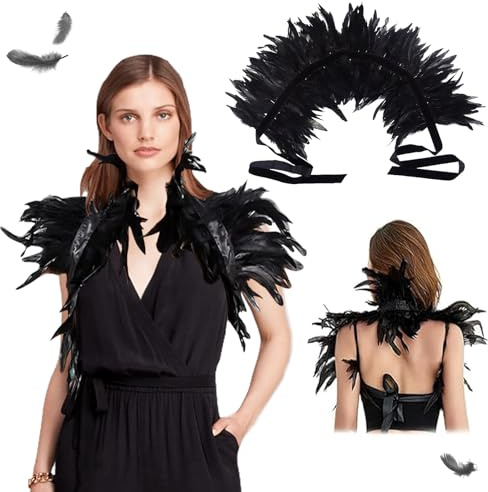 Federkragen Schwarz, Gothic Feder Achselzucken, Federumhang Schwarz zum Halloween Karneval Masquerade Cosplay