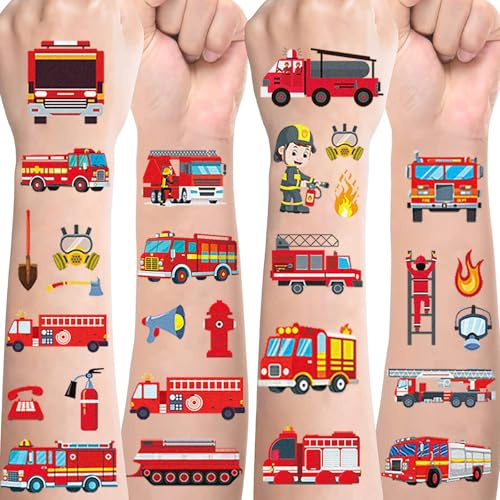 Feuerwehr Tattoos für Kinder,Feuerwehrauto Kindertattoos Hautfreundlich Set,10 Blätter Feuerwehrmann Temporäre Tattoos zum Aufkleben,Mitgebsel Kindergeburtstag Geschenke Party Deko Feuerwehrfest Deko