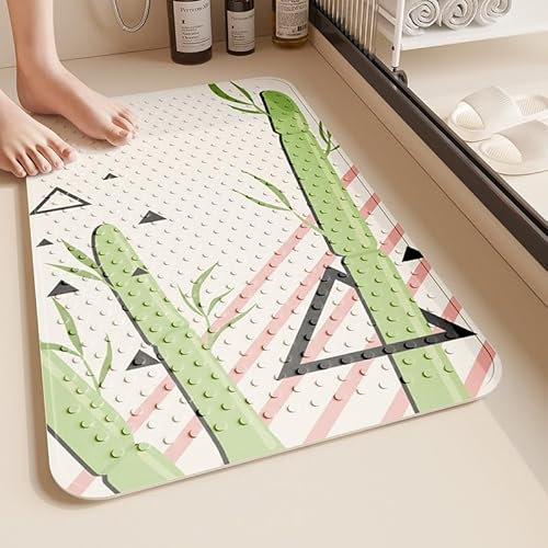 Alfombra Ducha 60X90Cm Bambú Verde Alfombrilla De Baño Antideslizante Rectangular,Tapete Grande De PVC con Ventosas, Ideal para Ancianos, Adultos, Infantil Y Niños