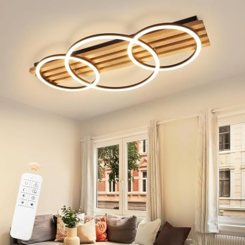 GBLY LED Deckenleuchte Dimmbar Holz Deckenlampe 70cm Wohnzimmerlampe Decke | 46W 3 Ringe Modern Wohnzimmer Schlafzimmerlampe Deckenbeleuchtung mit Fernbedienung Design für Schlafzimmer Büro Küche Lampe