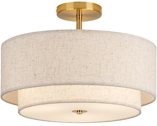 CALOKES Deckenlampe Stoff Beige Rund Ø40cm – Dimmbar E27 Deckenleuchte mit Gold Metall für Wohnzimmer Schlafzimmer Kinderzimmer Flur Küche – Weiches Licht für moderne Lampen an der Decke
