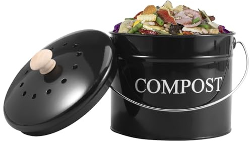Recipiente para compostaje de cocina, compostador de trabajo de metal con tapa sellada y asa, compostador de cocina de 3 litros con filtro de carbón, 21 x 21 x 20 cm, cubo de basura orgánico inodoro
