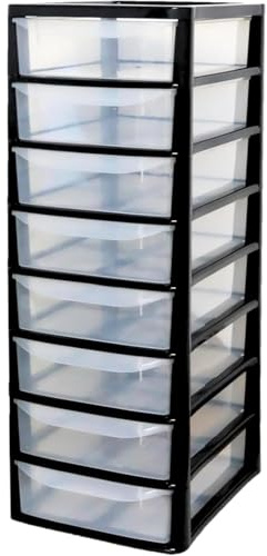 ALEEZ - A4 Plastic Slim Drawer Storage Unit - Multi Purpose Organiser Cabinet For Home Office Bedroom School Supplies Stationery Makeup Craft Storage Durable Design - (Black/Clear, A4 Slim 8 Drawers)