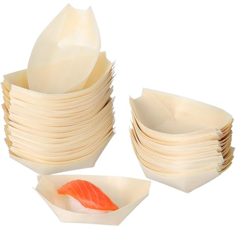 Toyvian 150pcs Wooden Bamboo Boats, 3 inch Wooden Serving Boats Plates - Disposable Food Sushi Serving Tray for BBQ, Snack Dessert, Candy, Hot Dogs