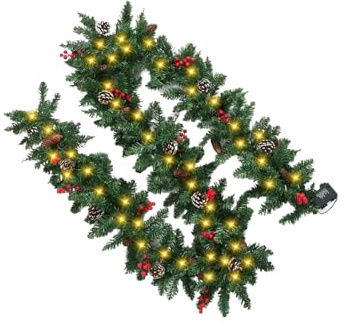 Julkrans - Konstgjorda tallgrenar, upplyst julgrönskrans för heminredning, fest, entré, veranda, fönster, öppen spis, väggträd, nackrum