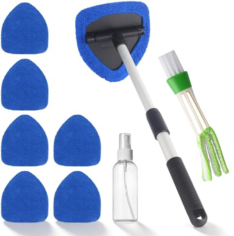 Auto Scheibenreiniger mit 6 Mikrofaserpad, 9 Stück Autoscheiben Innenreiniger mit Ausziehbarer Griff Und Sprühflaschen, Auto Fensterwischer Kit, 180 Drehbar, Blau