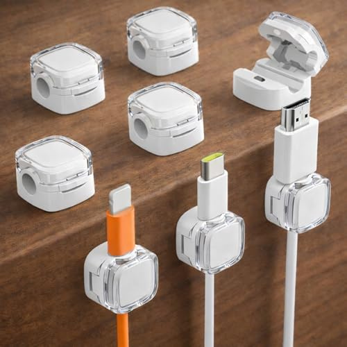 Magnetic Cable Clips 8-Pack, Adjustable Cord Holder with Strong Adhesive, Cable Managment Clips For Desk, Phone Charger, PC, Car, Wall & Nightstand (White)