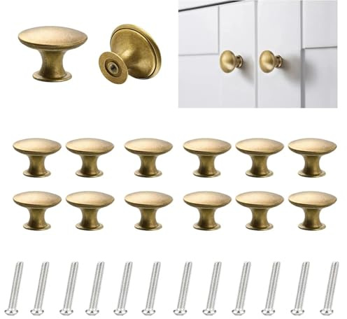 Antik Gold Schrankknöpfe 30mm, 12er Set Messing Griffe für Schrank, Küche | Antike Optik, Eisen beschichtet, rostfrei. Inkl. 12 Schrauben. Für Schubladen, Nachttisch, Vitrine. Einfach montieren.