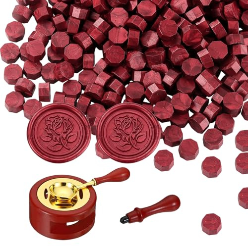 300 Stück Siegelwachs Perlen, Wachssiegel Stempel Set Inklusive Wachsstempel Ersatzgriff, Siegelwachs Rot, für Briefe, Umschläge, Hochzeitseinladungen, Karten, Geschenkverpackungen