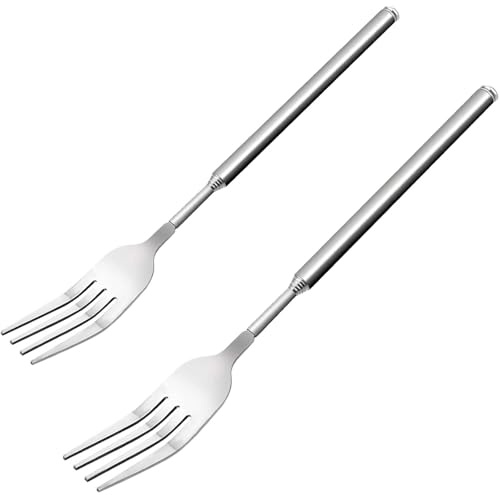 2 Stück Ausziehbare Gabel, Edelstahl Teleskopgabel mit Langem Griff | Lange Ausziehbare Küchengabeln für BBQ, Toasten, Abendessen, Obst & Dessert (22-64 cm)