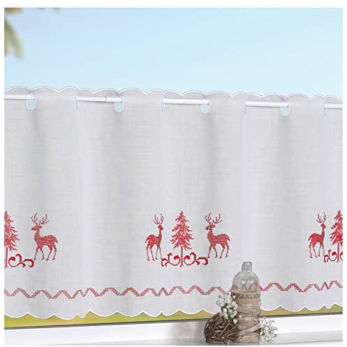 heimtexland Scheibengardine Kreuzstich Stickerei HIRSCHE rot HxB 45x115 cm auf Batist in Natur Country CHIC Landhaus Panneau Gardine Weihnachten Bistrogardine Typ506