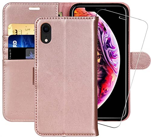 iPhone XR Wallet Case,6.1-inch,MONASAY [Glass Screen Protector Included] Flip Folio Leather Cell Phone Cover with Credit Card Holder for Apple iPhone XR,Rose Gold