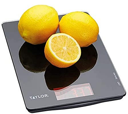 Taylor Pro Digital Ultra Thin Kitchen Food Scales, Compact Slimline Professional Standard with Tare Feature and Precision Accuracy, Black Glass, Weighs 5 kg Capacity