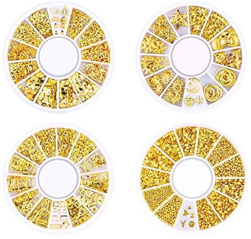 HQdeal 4 Boxes Nagel Kunst Strass, 3D Nagel Kunst Dekorationen, Mix Größe Nagel Perlen Glitter Strass Gold Metall Hohlniet Nagelkunst Stern Mond Sonne Nagel Zubehör für DIY Nageldesign