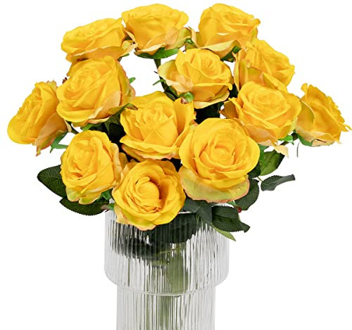 Kisflower 12 Pezzi Rose Fiori Artificiali Realistici Fiori a Stelo Singolo Bouquet di Rose di Seta per Decorazioni per la Casa di Nozze (Giallo sfumato)