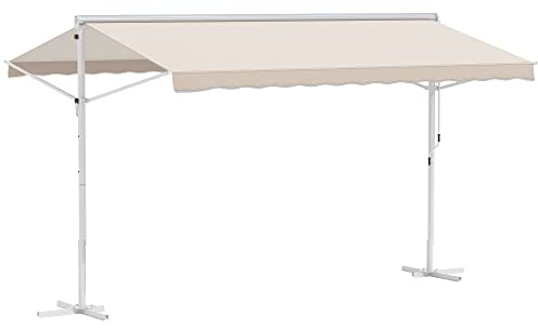 Outsunny Store Double Pente 4 x 3 m Manuel rétractable Inclinaison réglable métal époxy Blanc Polyester imperméabilisé Anti-UV Beige