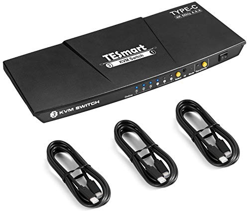 TESmart 3 Port USB-C KVM Switch 3 PC 1 Monitor, 4K@60Hz 3x1 USB C KVM Umschalter 3 in 1 out für Laptop, Unterstützt EDID, HDCP 2.2, USBC Ladefunktion, IR, Audio Output, mit USB-A Port & 3 USB-Kabel