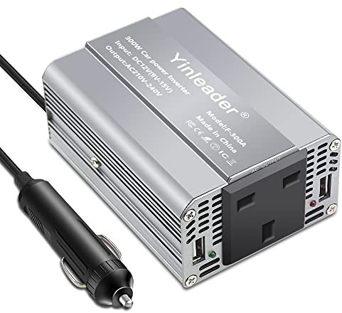 Yinleader Power Inverter 300W DC 12V to 240V AC converter 2 USB ports 1 UK Socket car cigarette adapter - gray