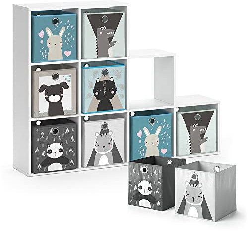 Vicco Kinderregal Weiß mit 8 Faltboxen - 142x108x29 cm gefertigt aus Spanplatte - Bücherregal perfekt fürs Kinderzimmer, praktische Aufbewahrung für Bücher und Spielzeug