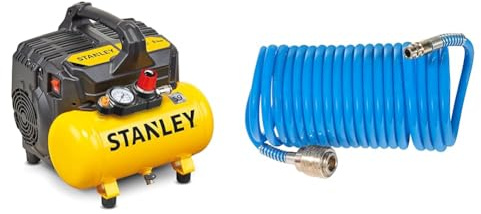 Stanley 100/8/6 Silent Air Compressor DST 100/8/6SI, 750 W, 230 V, Giallo & Güde 41400 SB Druckluft Spiralschlauch 5 M (mit Schnellkupplung und Stecknippel, Knickschutz, Schlauchmaterial aus PU)