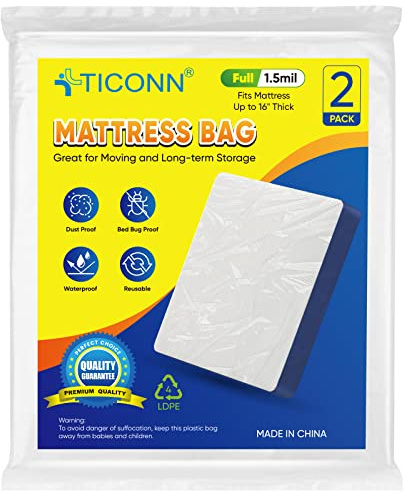 TICONN 2PK Plastic Mattress Bag for Moving Storage, Waterproof Mattress Protector Cover, Heavy-Duty Mattress Moving Supplies (1.5 mil, Full)