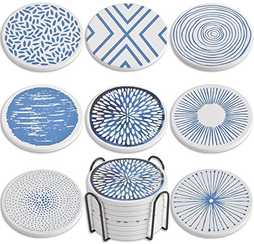 Newk Sottobicchieri per bevande, set di 8 sottobicchieri assorbenti in ceramica con supporto in metallo, sottobicchieri eleganti e semplici per tavolino da caffè, ottimo regalo di inaugurazione della