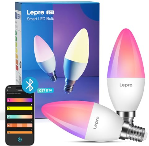 Lepro AI Smart Glühbirne BC1, 4.9W 470LM Glühbirne E14 Dimmbar, Personalisierter KI-Lichtdesigner, RGB+CCT, Kompatibel mit Alexa/Google, Sprachsteuerung/Musik Sync, WiFi & Bluetooth, 2 Stück