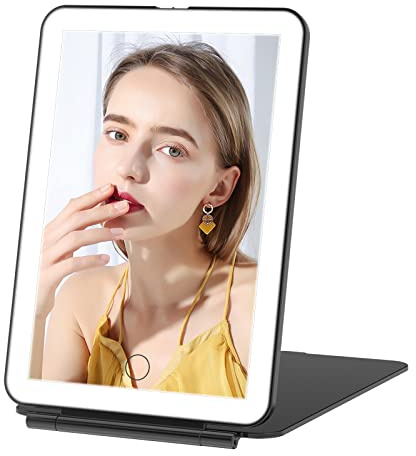 FUNTOUCH Wiederaufladbarer Schminkspiegel mit 72 LED Leuchten | Tragbarer Reisespiegel Beleuchtet, 3 Farben Beleuchtung Spiegel, Dimmbarer Touchscreen, Faltbarer kosmetikspiegel mit Licht