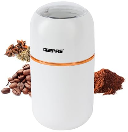 Geepas Coffee Grinder 80 g Capacity | Stainless Steel Bowl & Double Blades | Electric Dried Spice Nuts Herbs Beans Coffee Grinder | Small Fixed Mill with Transparent Lid | 2 Year Warranty, 200W, White