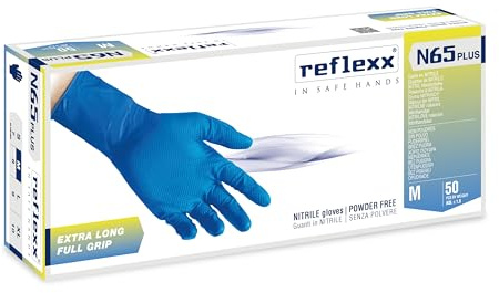 Reflexx N65 Plus M – Extra lange puderfreie blau Nitrilhandschuhe29 cm. – g. 9.2 (M)
