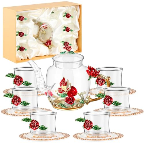 Mumufy Juego de té de cristal de 7 piezas, 1 tetera de cristal y 6 tazas de té de vidrio con 6 posavasos, regalo para mujeres, fiesta de té, Navidad, cumpleaños, día de la madre, juego de tazas de té