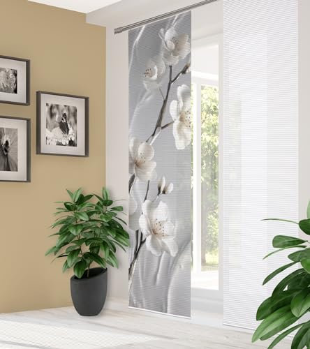 HOME in green LAIRA Schiebegardine recyceltes Polyester, 245x60 cm, Blumendruck, Farbe:Natur, Größe:245 x 60 cm, Anzahl:4er Set (2X Bedruckt, 2X Uni)